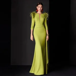Wedding Guest Dress Women Classic Green Satin Feather Ruffles Button Formal Evening Straight Boat Neck Long Dresses