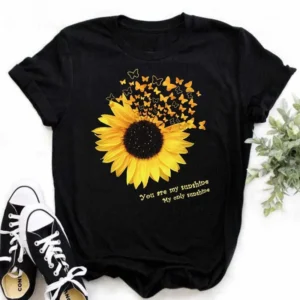 Women's Casual Sunflower and Butterfly Graphic Print T-Shirt