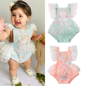 Princess Infant Baby Girls Lace embroidered Romper Sweet Baby Ruffle Fly Sleeve Backless Jumpsuit Summer Romper 0-24M