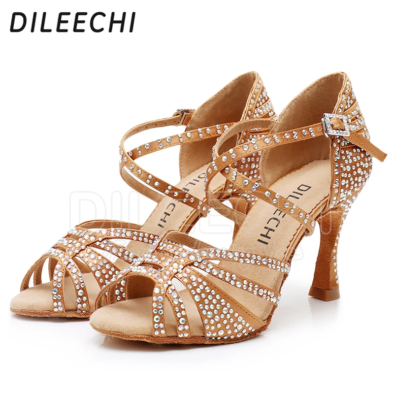DILEECHI Latin Dance Shoes Women Big Small Rhinestone Salsa Party Wedding Ballroom Dancing Shoes Bronze Black Cuba high heel 9cm 13 DILEECHI Latin Dance Shoes Women Big Small Rhinestone Salsa Party Wedding Ballroom Dancing Shoes Bronze Black Cuba high heel 9cm - Image 3
