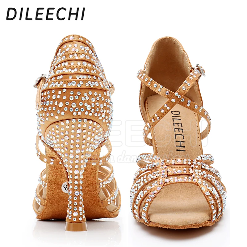 DILEECHI Latin Dance Shoes Women Big Small Rhinestone Salsa Party Wedding Ballroom Dancing Shoes Bronze Black Cuba high heel 9cm 12 DILEECHI Latin Dance Shoes Women Big Small Rhinestone Salsa Party Wedding Ballroom Dancing Shoes Bronze Black Cuba high heel 9cm - Image 2