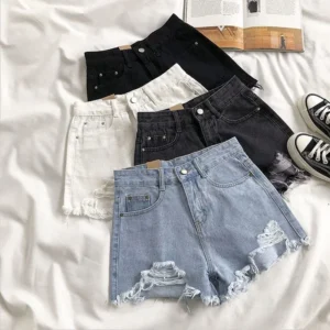Denim Shorts Women Summer Fashion Casual High Waist Ripped Jeans Pocket Tassel Y2K Hot Pants Streetwear Blue Trousers
