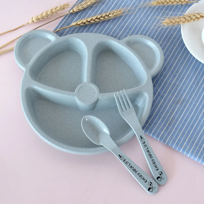 3-Piece Cute Divided Dining Plate for Children's Bowls Solid Color Fork Spoon Sucking Tableware Set with Wheat Material 14 3-Piece Cute Divided Dining Plate for Children's Bowls Solid Color Fork Spoon Sucking Tableware Set with Wheat Material