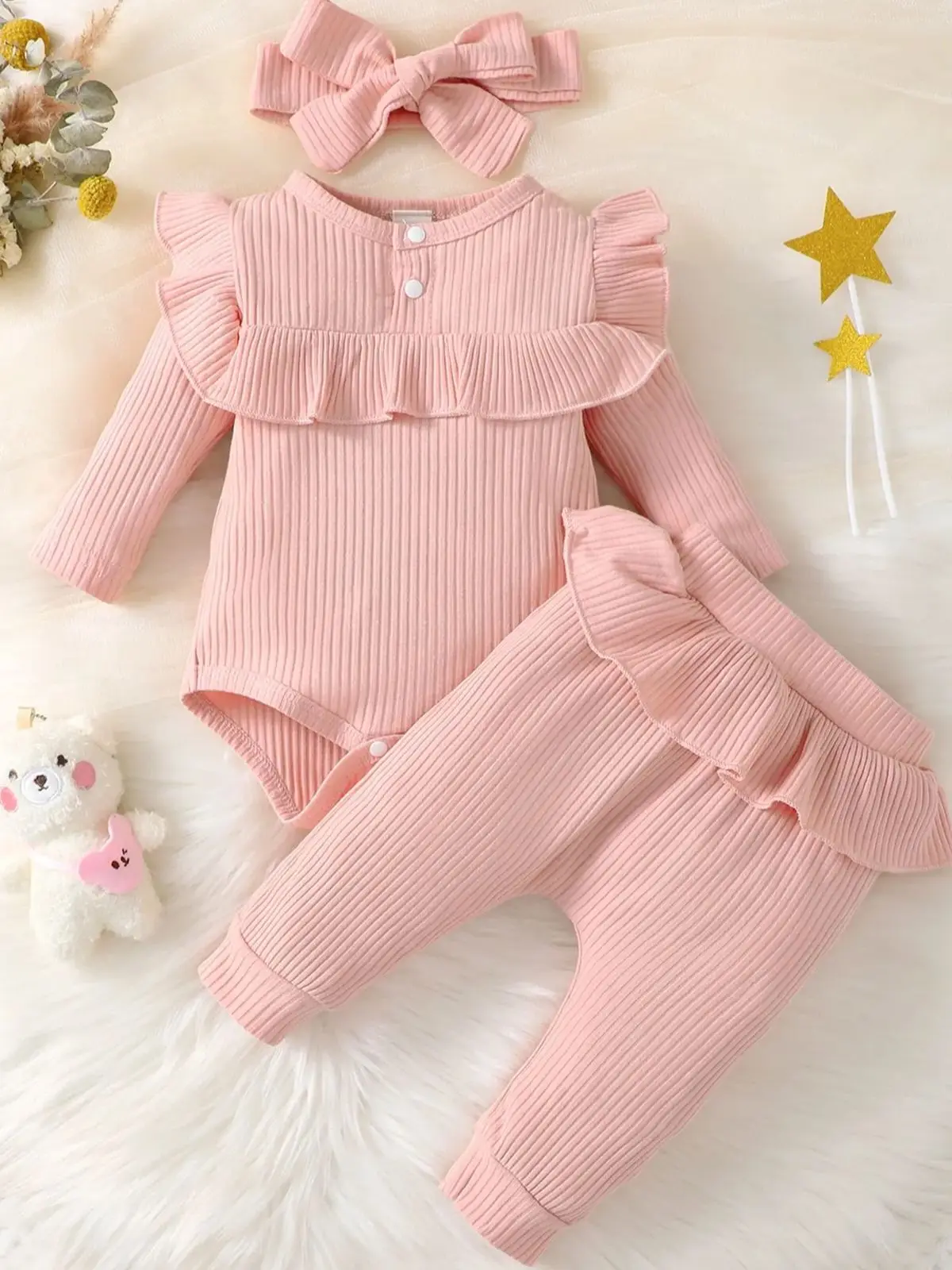 Spring And Autumn Baby Girl Ruffle Trim Bodysuit & Pants & Headband 8 Spring And Autumn Baby Girl Ruffle Trim Bodysuit & Pants & Headband - Image 7