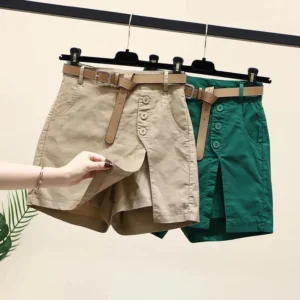 Women's High-Waist A-Line Shorts Skort with Side Slit & Buttons