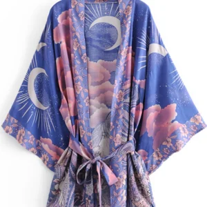 Boho Vintage Star and Moon Floral Print Sashes Women Bohemian V Neck Batwing Sleeves Happie Short Robe Kimono Dress Cover-ups