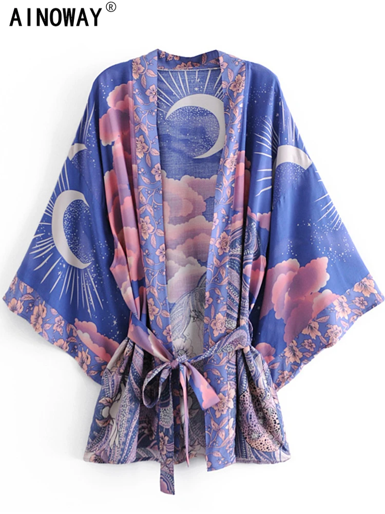 Boho Vintage Star and Moon Floral Print Sashes Women Bohemian V Neck Batwing Sleeves Happie Short Robe Kimono Dress Cover-ups 20 Boho Vintage Star and Moon Floral Print Sashes Women Bohemian V Neck Batwing Sleeves Happie Short Robe Kimono Dress Cover-ups