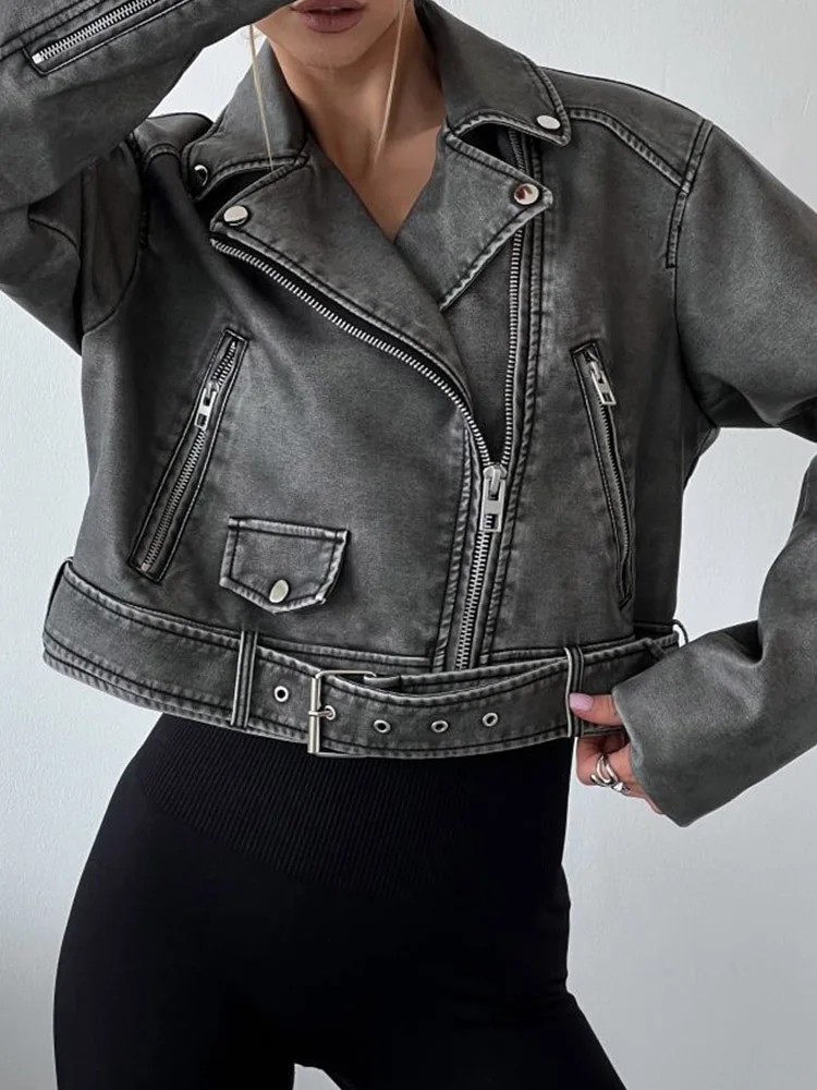 Women Retro Loose Zipper Pu Faux Leather Short Jacket Vintage Female Belt Moto Biker Chic Coat Outwear Tops 5 Women Retro Loose Zipper Pu Faux Leather Short Jacket Vintage Female Belt Moto Biker Chic Coat Outwear Tops - Image 2