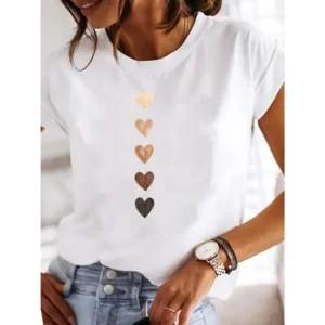 Love Heart Print Women Summer T Shirt Girl O Neck Casual Clothing