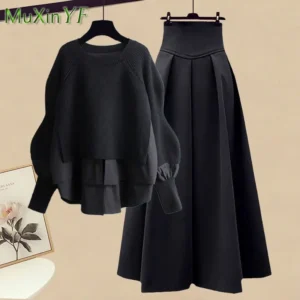 Elegant Two Piece Knitted Sweater Dress Matching Set Women's Chic Pullover Skirt Set