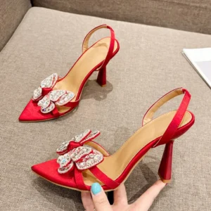 Slingback Sandals Women Back Strap High Heels Summer Fashion Crystal Diamond Pointed Toe Wedding Prom Shoe