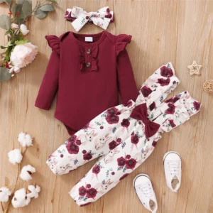0-18Months Baby Girl Clothes Set Red Color Long Sleevs Bodysuit + Flower Strap Pants 2PCS Infant Girl Clothing Suit