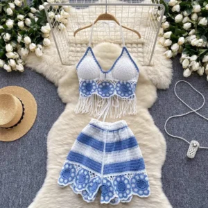 Two Pieces of Women Sets Spaghetti Strap Floral Crochet Hollow Out Color Patchwork Tank Tops and high Waist Female Pants