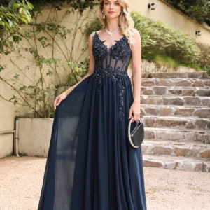 Spaghetti Straps Navy Blue A Line Evening Dresses 2024 Elegant Beaded Appliques Illusion Prom Gowns Formal Party Vestido De Gala