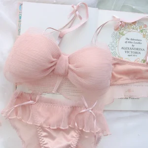 Japanese Bras Lolita Girls Folds Bow Lovely Underwear Set Mesh Sweet Rimless Bra Comfortable Sweet Cute Bralette Sets