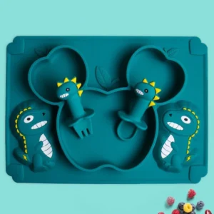 Baby Dinosaur Silicone Tableware Learning Spoon Fork Set Kids Anti-slip Feeding Training Utensils Food Grade Silicone Dishes