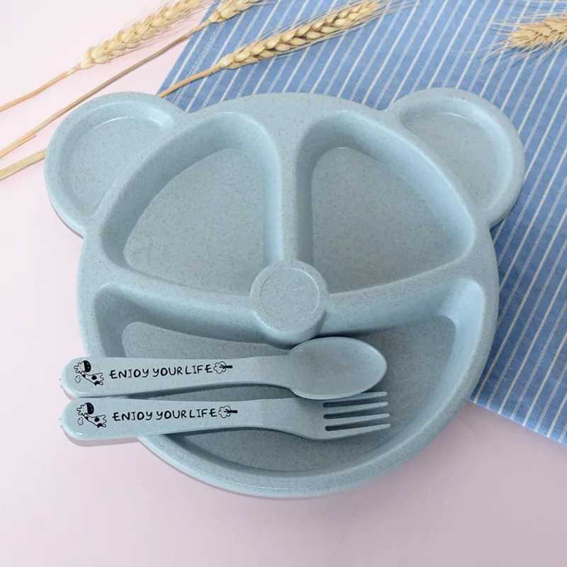 3-Piece Cute Divided Dining Plate for Children's Bowls Solid Color Fork Spoon Sucking Tableware Set with Wheat Material 19 3-Piece Cute Divided Dining Plate for Children's Bowls Solid Color Fork Spoon Sucking Tableware Set with Wheat Material - Image 6