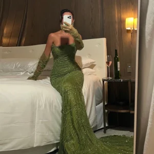Sharon Said Luxury Dubai Mermaid Green Evening Dresses with Gloves 2024 Saudi Arabia Women Wedding Party Gowns SS306 Customized