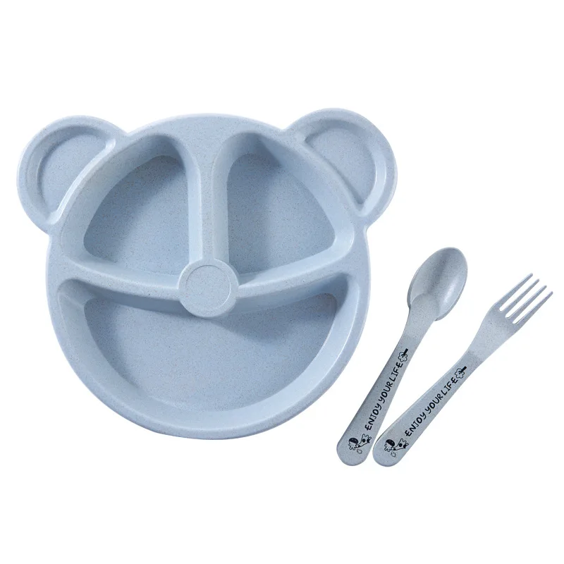 3-Piece Cute Divided Dining Plate for Children's Bowls Solid Color Fork Spoon Sucking Tableware Set with Wheat Material 17 3-Piece Cute Divided Dining Plate for Children's Bowls Solid Color Fork Spoon Sucking Tableware Set with Wheat Material - Image 4