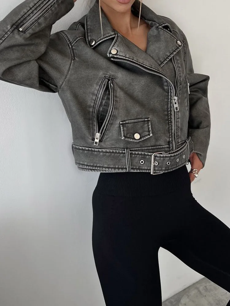 Women Retro Loose Zipper Pu Faux Leather Short Jacket Vintage Female Belt Moto Biker Chic Coat Outwear Tops 7 Women Retro Loose Zipper Pu Faux Leather Short Jacket Vintage Female Belt Moto Biker Chic Coat Outwear Tops - Image 4