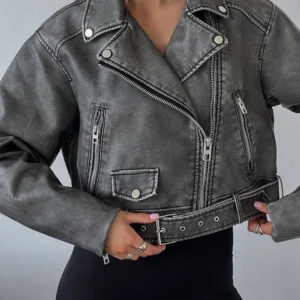 Women Retro Loose Zipper Pu Faux Leather Short Jacket Vintage Female Belt Moto Biker Chic Coat Outwear Tops