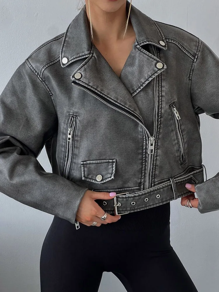 Women Retro Loose Zipper Pu Faux Leather Short Jacket Vintage Female Belt Moto Biker Chic Coat Outwear Tops 4 Women Retro Loose Zipper Pu Faux Leather Short Jacket Vintage Female Belt Moto Biker Chic Coat Outwear Tops