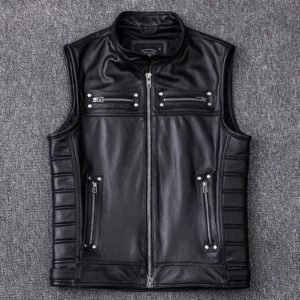 Leather Vest Men's Motorcycle Biker Vests High Quality Stand Collar Sleeveless Jackets Zipper Waistcoat