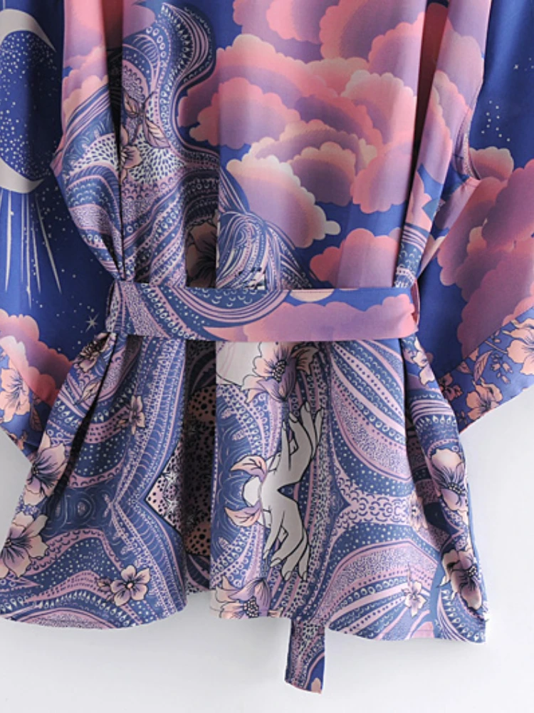 Boho Vintage Star and Moon Floral Print Sashes Women Bohemian V Neck Batwing Sleeves Happie Short Robe Kimono Dress Cover-ups 22 Boho Vintage Star and Moon Floral Print Sashes Women Bohemian V Neck Batwing Sleeves Happie Short Robe Kimono Dress Cover-ups - Image 3