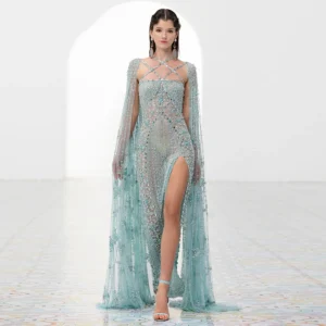 Sharon Said Luxury Dubai Aqua Lilac Arabic Mermaid Evening Dresses with Cape Sleeves Criss Cross Women Wedding Party Gowns SS391