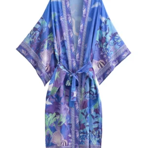 BOHO V neck Mermaid Flower Print Long Kimono Robe Shirt Hippie Tide Bow Sashes Midi Cardigan Loose Blouse Beach Cape Holiday