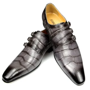 Men Leather Shoes Crocodile Print Wedding Party Office Leather Shoes Grey Pointed Toe Loafer