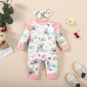 Newborn Baby Girls' 2-Piece Koala Romper and Headband Outfit Set