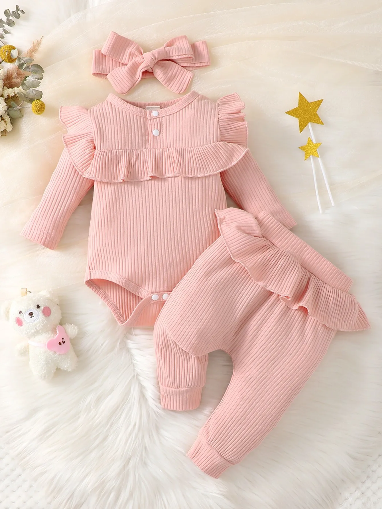 Spring And Autumn Baby Girl Ruffle Trim Bodysuit & Pants & Headband 5 Spring And Autumn Baby Girl Ruffle Trim Bodysuit & Pants & Headband - Image 4