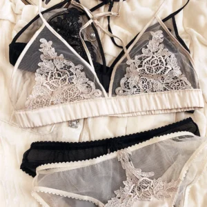 Women's Seamless Embroidered Lace Triangle Cup Bra and Brief Set