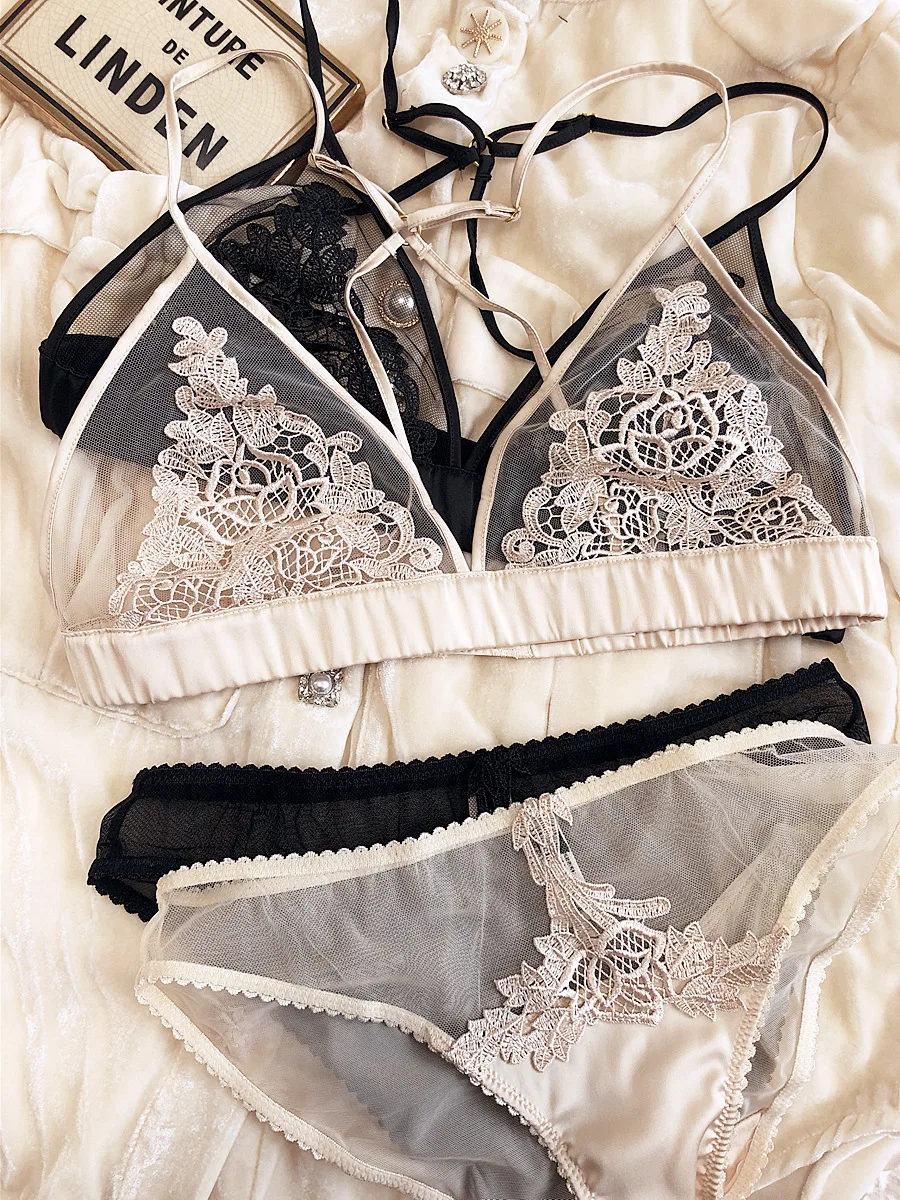 Women's Seamless Embroidered Lace Triangle Cup Bra and Brief Set 15 Women's Seamless Embroidered Lace Triangle Cup Bra and Brief Set