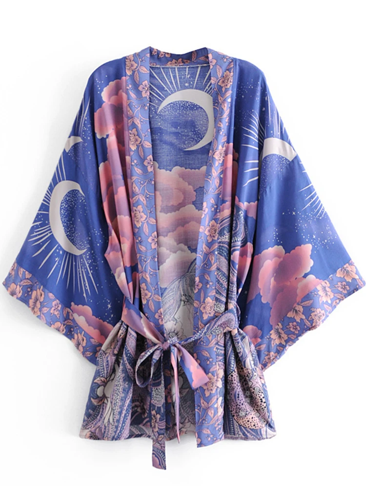 Boho Vintage Star and Moon Floral Print Sashes Women Bohemian V Neck Batwing Sleeves Happie Short Robe Kimono Dress Cover-ups 28 Boho Vintage Star and Moon Floral Print Sashes Women Bohemian V Neck Batwing Sleeves Happie Short Robe Kimono Dress Cover-ups - Image 9