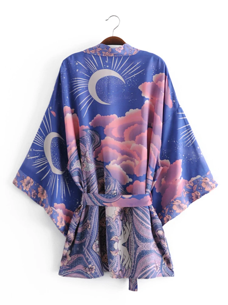 Boho Vintage Star and Moon Floral Print Sashes Women Bohemian V Neck Batwing Sleeves Happie Short Robe Kimono Dress Cover-ups 21 Boho Vintage Star and Moon Floral Print Sashes Women Bohemian V Neck Batwing Sleeves Happie Short Robe Kimono Dress Cover-ups - Image 2