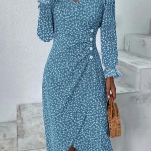 Women's V-Neck Long-Sleeve Floral Midi Dress with Ruched Details