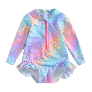 0-6Y Toddler Kids Baby Girl Swimsuits Fish Scale Print Ruffles Long Sleeve Zipper Jumpsuit Swimwear Beachwear
