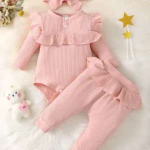 Spring And Autumn Baby Girl Ruffle Trim Bodysuit & Pants & Headband