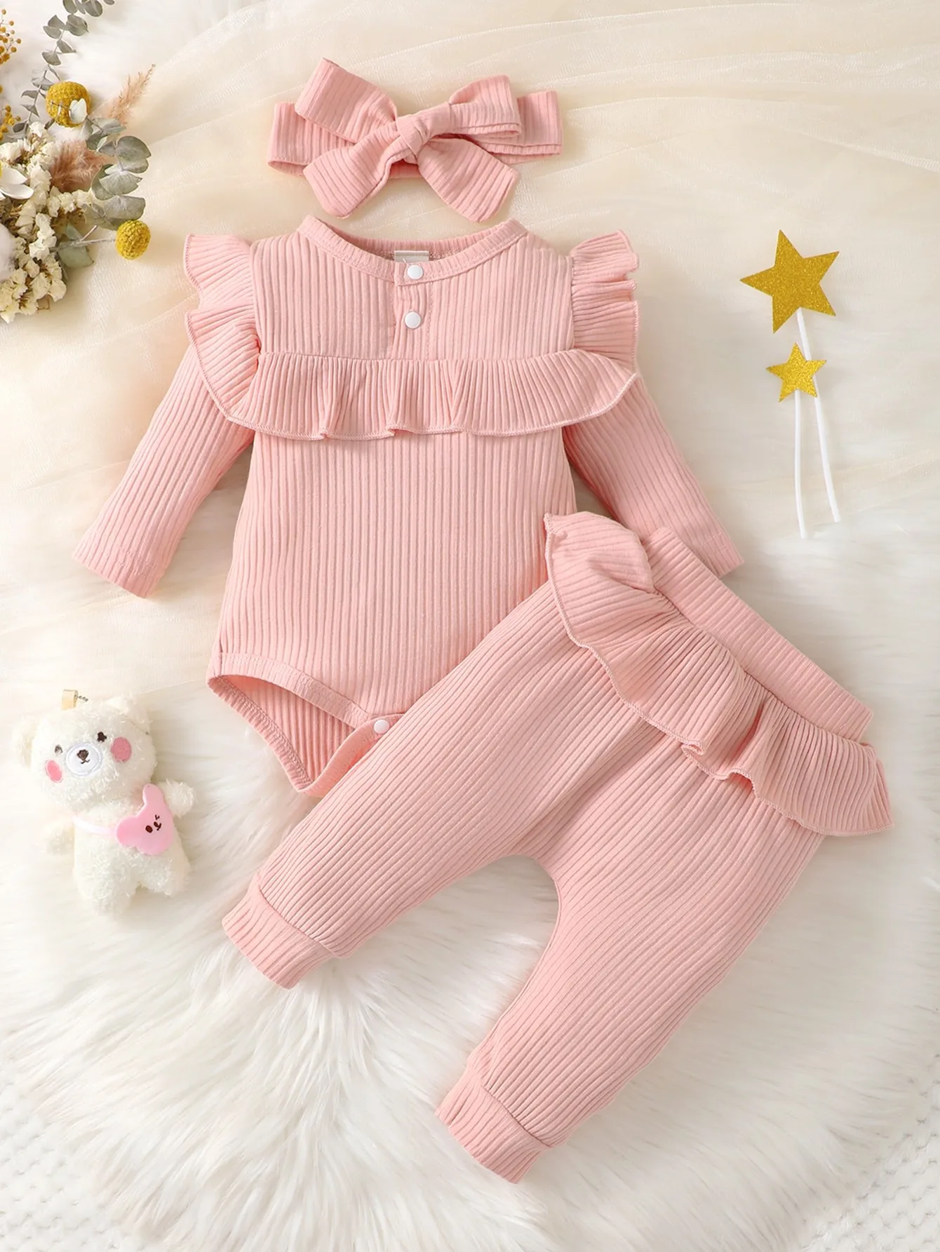 Spring And Autumn Baby Girl Ruffle Trim Bodysuit & Pants & Headband 2 Spring And Autumn Baby Girl Ruffle Trim Bodysuit & Pants & Headband