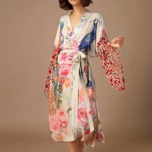 Beach Kimono for Women Peocock Printed Swimsuit Cover Up Self Belted Wrap Dresses Seaside Bathing Suits Beachwear