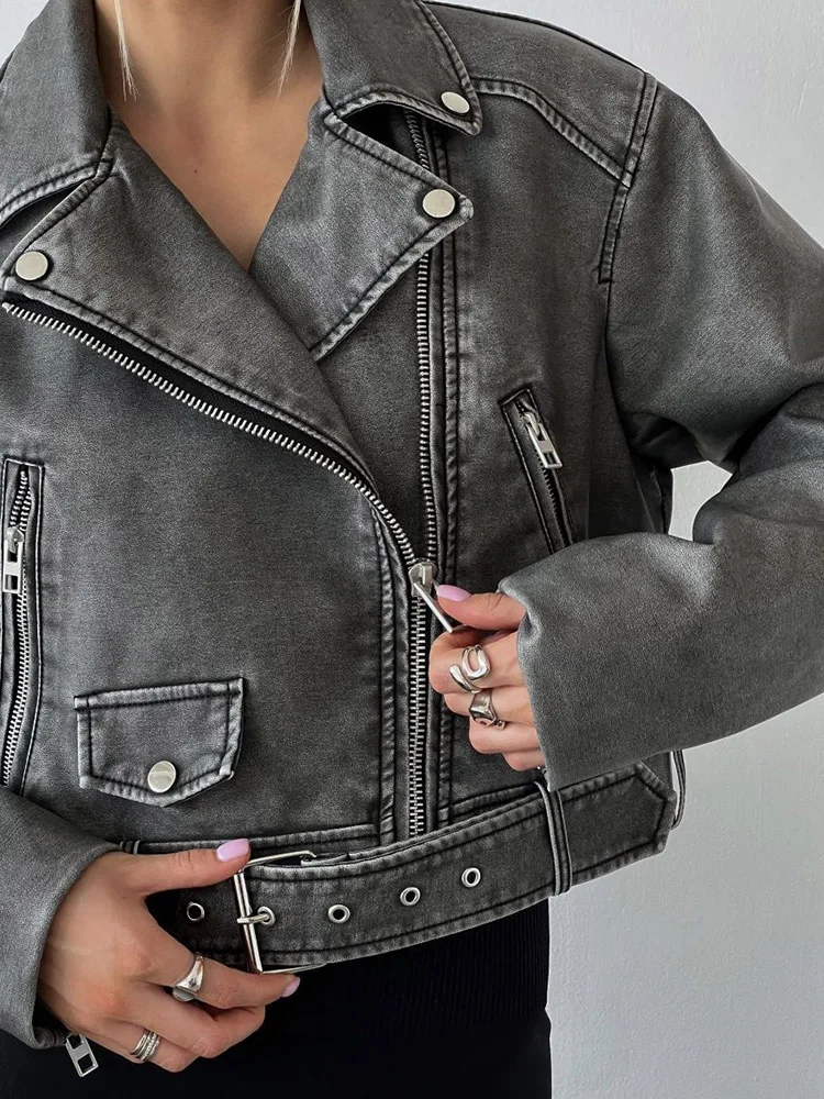Women Retro Loose Zipper Pu Faux Leather Short Jacket Vintage Female Belt Moto Biker Chic Coat Outwear Tops 6 Women Retro Loose Zipper Pu Faux Leather Short Jacket Vintage Female Belt Moto Biker Chic Coat Outwear Tops - Image 3