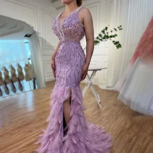 Serene Hill Pink Mermaid High Split Evening Dresses Feather Beaded Gowns Long 2024 For Women Wedding Party LA72152 Customized