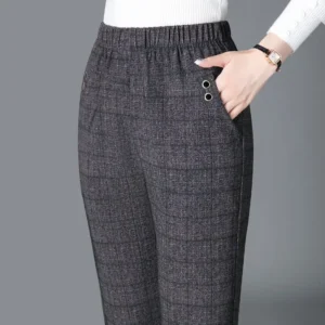 Women's Plaid High-Waist Pencil Trousers with Button Accent