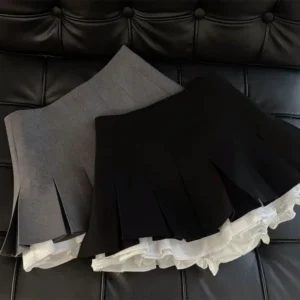 Ruffles Black Mini Skirt Women Patchwork Pleated Skirts High Waist All Match A Line Skirt