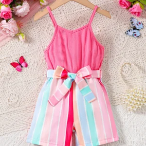 Children Girl Jumpsuit Fashion Suspenders Rainbow Color with Bow Belt Bodysuit Summer Holiday Daily Wear for Kids Girl 4-7 Years