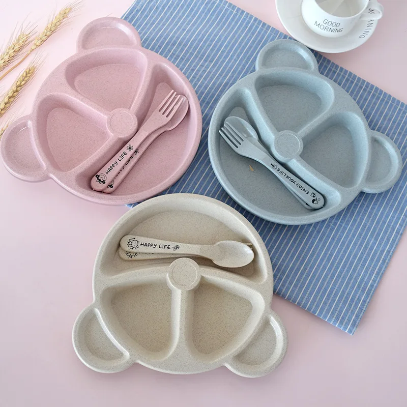 3-Piece Cute Divided Dining Plate for Children's Bowls Solid Color Fork Spoon Sucking Tableware Set with Wheat Material 16 3-Piece Cute Divided Dining Plate for Children's Bowls Solid Color Fork Spoon Sucking Tableware Set with Wheat Material - Image 3