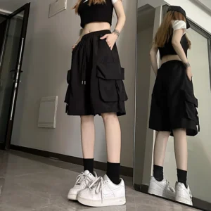 Women High Waist Cargo Shorts Streetwear Summer Wide Leg Pants Fashion Female Big Pocket Loose Shorts