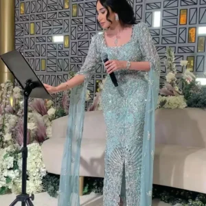 Beaded Cape Sleeve Mermaid  Evening Dresses Gowns for Wedding Party